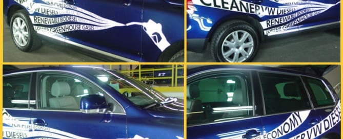 four pictures of a blue car with a white horse on it.